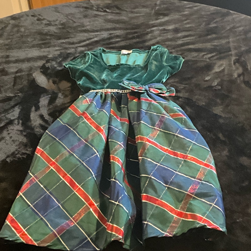 Tahari Green and Red Plaid Kids Formal Dress